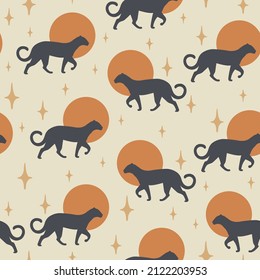 Seamless vector pattern background with sun and leopard. Creative collage contemporary seamless pattern