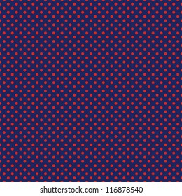 Seamless vector pattern, background or texture with neon red polka dots on a sailor navy blue background. For cards, invitations, web design, halloween background, arts and scrapbooks.