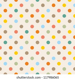 Seamless vector pattern, background or texture with colorful yellow, orange, pink, green and blue polka dots. For web design, baby shower card, party, scrapbooks. Sweet autumn or thanksgiving colors.