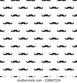 Seamless vector pattern, background or texture with black curly hipster vintage natural gentleman mustaches on white background. For websites, desktop wallpaper, blog, hipsters, web design.