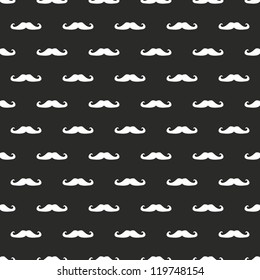 Seamless vector pattern, background or texture with white curly vintage retro gentleman mustaches on black background. For websites, desktop wallpaper, blog, web design.
