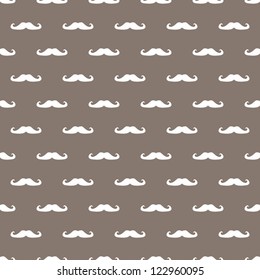Seamless vector pattern, background or texture with curly vintage hipster retro gentleman mustaches on chocolate brown background. For website design, desktop wallpaper, blog, web or card invitation.