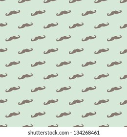 Seamless vector pattern, background or texture with dark brown curly vintage retro gentleman mustaches on mint green background. For hipster websites, desktop wallpaper, blog, web design.