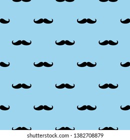 Seamless vector pattern, background or texture with black curly vintage retro gentleman mustaches on blue background.