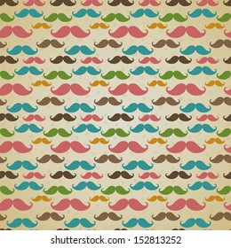 Seamless vector pattern, background or texture with colorful curly vintage retro gentleman mustaches. For hipster websites, desktop wallpaper, blog, web design. 