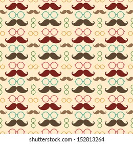 Seamless vector pattern, background or texture with colorful glasses and curly vintage retro gentleman mustaches. For hipster websites, desktop wallpaper, blog, web design. 