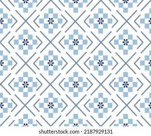 Seamless vector pattern. Background texture in geometric ornamental style flower pattern on blue with black.