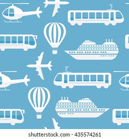 Seamless vector pattern background travel, transport. Bus ship, train, jet icons