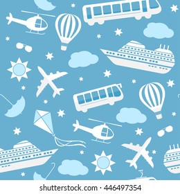 Seamless vector pattern background travel, transport. Bus ship, train, jet icons