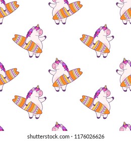 Seamless vector pattern, background, wallpaper with funny unicorns.