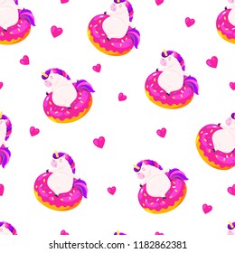 Seamless vector pattern, background, wallpaper with funny unicorns. Funny unicorn sitting in inflatable ring donut