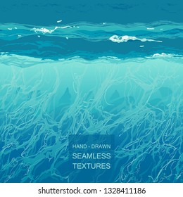 Seamless vector pattern background water splash. Crest wave foam on the sea, the ocean. Hand-drawn vector illustration in realistic style.