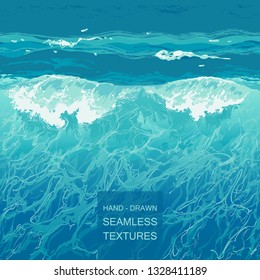 Seamless vector pattern background water splash. Crest wave foam on the sea, the ocean. Hand-drawn vector illustration in realistic style.