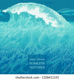 Seamless vector pattern background water splash. Crest wave foam on the sea, the ocean. Hand-drawn vector illustration in realistic style.