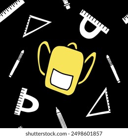 Seamless vector pattern with backpacks, rulers, and pens for back to school on black background