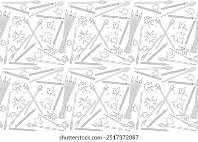 Seamless vector pattern for a back-to-school-themed coloring book featuring art supplies like pencils, brushes, and paint splatters.