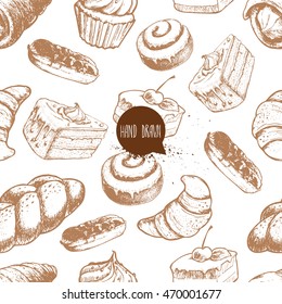 Seamless vector pattern with bakery goods. Cream roll, chocolate eclair, iced cinnamon bun, cupcake, cake and croissant.