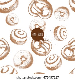 Seamless vector pattern with bakery goods. Bagels, german pretzels and iced cinnamon bun. Hand drawn sketch style.