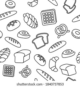 Seamless vector pattern with bakery products and pastries.