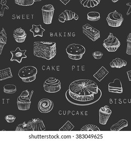 Seamless vector pattern baking and desserts. Sketches of food on a black background