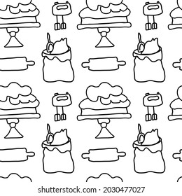Seamless vector pattern with baking,desserts with black hand drawn line. Repeating ornament cooking in doodle style on white background.Designs for textiles,web,packaging,wrapping paper,fabric.