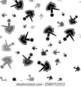 Seamless vector pattern with ball bounces off the shield symbols, creating a creative monochrome background with rotated elements. Vector illustration on white background