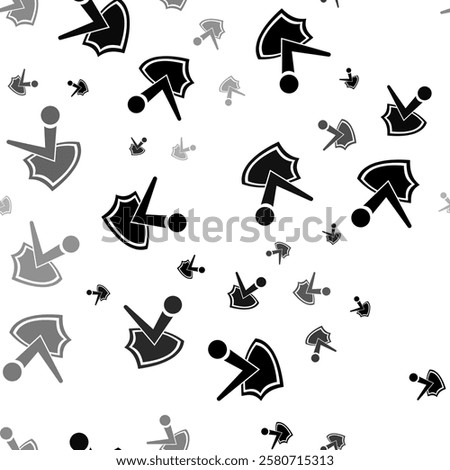 Seamless vector pattern with ball bounces off the shield symbols, creating a creative monochrome background with rotated elements. Vector illustration on white background