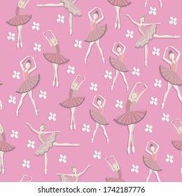 Seamless vector pattern with ballerinas in poses. It can be used for printing on textiles or as a wallpaper.