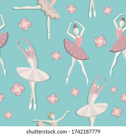 Seamless vector pattern with ballerinas in poses. It can be used for printing on textiles or as a wallpaper.
