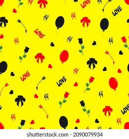 Seamless vector pattern. Balloons, arrow, bow, rose, lettering Love, number 14. Abstract, unique background for Valentine's Day, on a yellow isolated background. 
