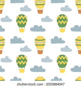Seamless vector pattern with balloons and clouds in the Scandinavian style. An illustration for printing on children's wallpapers and clothes, postcards, gift paper and packaging, and much more.