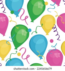 Seamless vector pattern. Balloons of different colors and sizes, and confetti.