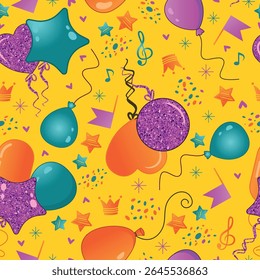 Seamless vector pattern with balloons, flags and musical notes on a yellow background. Joyful festive background for birthday and New Year, Valentine's Day.