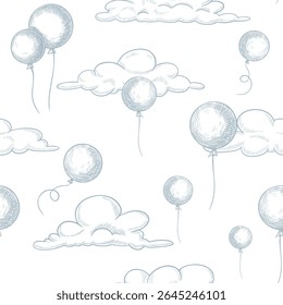 Seamless vector Pattern with Balloons floating among fluffy clouds in light blue outline. Linear drawing for childish background, nursery wallpaper or kids wrapping paper. Etching for baby design.