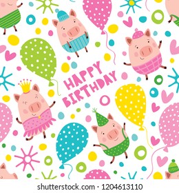 Seamless vector pattern with balloons and funny piglets.
