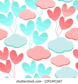 Seamless vector pattern with balloons in shape of heart and clouds.