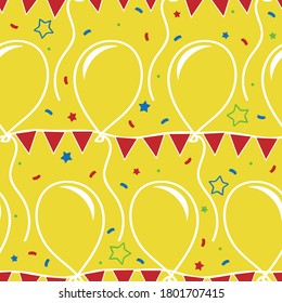 Seamless vector pattern with balloons and wall flags on yellow background. Simple birthday wallpaper design with stars. Festive fashion textile for children.