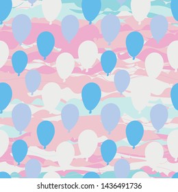 A seamless vector pattern with baloons on pink sky. Surface print design.