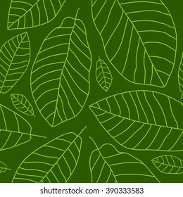 Seamless vector pattern of banana leaves on a green background.
