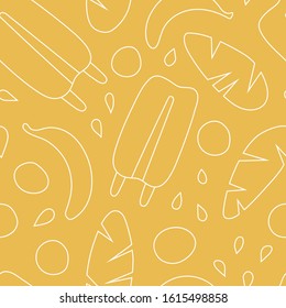 Seamless vector pattern with banana popsicles, banana leaves, and abstract elements in white on a bright summery yellow background. Fun food illustration for packaging, stationery, fabric, gifts.