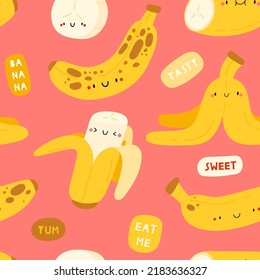Seamless vector pattern with bananas characters and speech bubbles. Funny and cute food texture. Summer fruits background with hand drawn different bananas