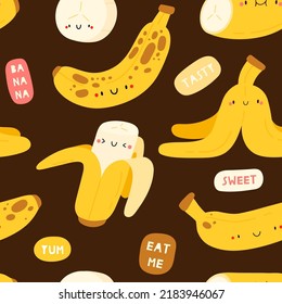 Seamless vector pattern with bananas characters and speech bubbles. Funny and cute food texture. Summer fruits background with hand drawn different bananas
