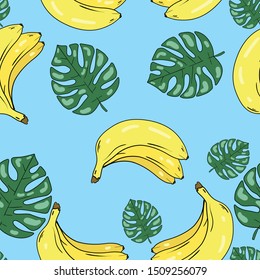 Seamless vector pattern bananas and green palm leaf on  blue background. Wallpaper, fabric and textile design. Cute wrapping paper pattern with tropical fruits and berries. Good for printing.