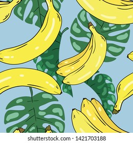 Seamless vector pattern with bananas and tropical palm leaves on blue background. Wallpaper, fabric and textile design. Good for printing. Cute wrapping paper pattern with fruits.