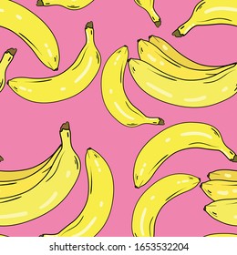 Seamless vector pattern with bananas, tropical fruits on pink background. Good for printing. Wallpaper, fabric and textile  design. Wrapping paper pattern. Cute botanical pattern.
