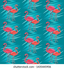 Seamless vector pattern, banner with flamingo, tropical leaves exotic flower design for flyer, invitation, poster, website or greeting card. Flat style, vector illustration
