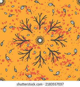 Seamless Vector Pattern With A Bare Brown Tree And Leaves Flying Around In A Storm Wind On A Vintage Yellow Background With Retro Orange Spooky Splashes. Active Halloween And Autumn Design.