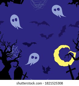 Seamless vector pattern with bare dead trees, bats, tomb & bats silhouettes. Cute decorative background with moon. Adorable All Saints Day wallpaper in cute cartoon style. Wrapping paper, fabric print