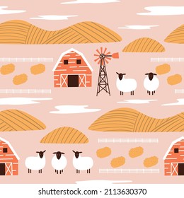 Seamless vector pattern with barn, windmill and sheep herd. Abstract wheat meadow landscape background. Countryside village farm texture with cute hand drawn illustrations