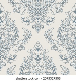 Seamless vector pattern with baroque style wallpaper design on cream white background. Victorian luxury home decor. Decorative rococo fashion textile.